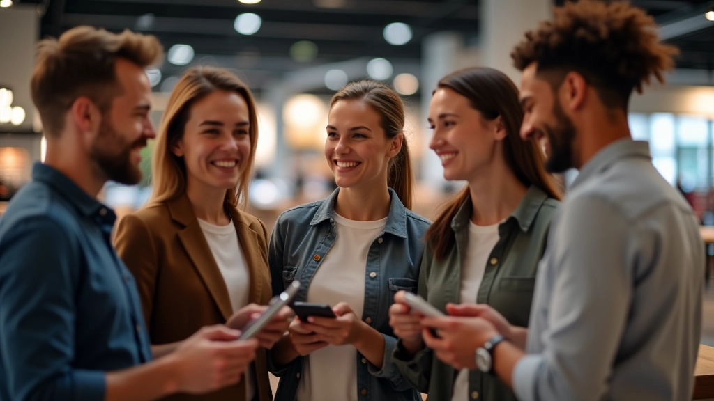 Groupe de clients heureux dans un environnement commercial moderne, conversant et shopping ensemble