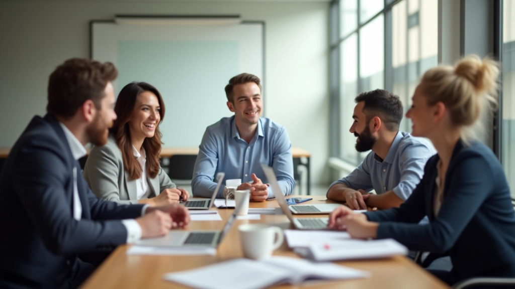 Équipe en réunion autour d'une table discutant de stratégies de mise à l'échelle produit